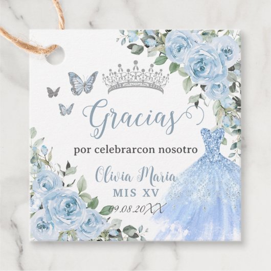 Étiquettes Cadeau Bébé Bleu Floral Princesse Robe Argent Quinceañera (Devant)