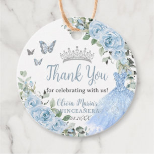 Étiquettes Cadeau Bébé Bleu Floral Princesse Robe Argent Quinceañera