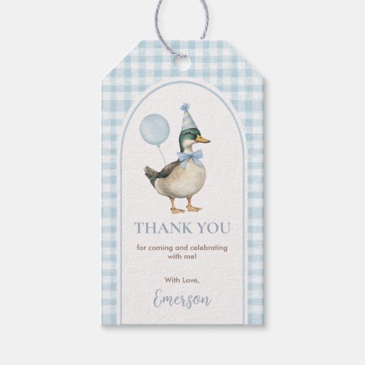 Étiquettes-cadeau Bébé Bleu Gingham Un Canard Chanceux Ballon Annive (Devant)