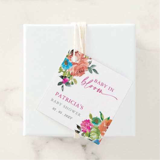 Étiquettes Cadeau Bébé brillant en fleur rose Baby shower floral fil (En situation)