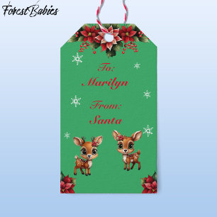 Étiquettes-cadeau Bébé cerf, pie, chien, renne floral 🦌 🎄 vert