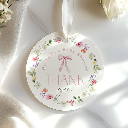 Étiquettes Cadeau Bébé en Baby shower Merci rose en fleur