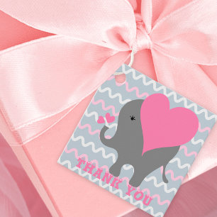 Étiquettes Cadeau Bébé mignon Eléphant Fille sur Merci Motif Wavy