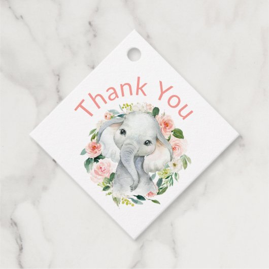 Étiquettes Cadeau Bébé mignon éléphant rose Merci floral rose (Devant)