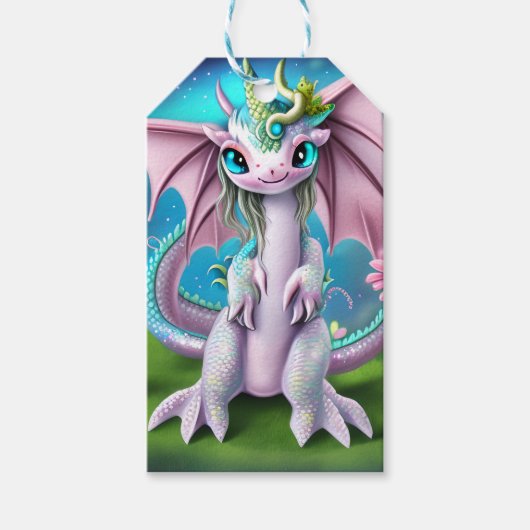Étiquettes-cadeau Bébé mignon et souriant Dragon aux fleurs (Devant)