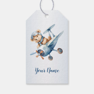 Étiquettes-cadeau Bébé mignon Ours Pilote Avion Bleu Beau