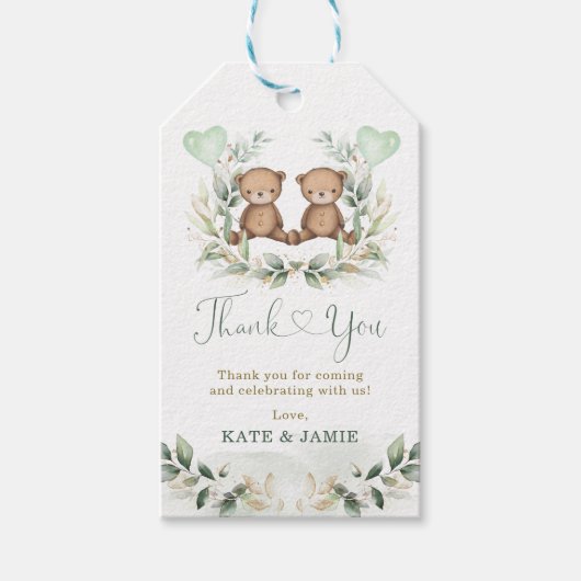 Étiquettes-cadeau Bébé Teddy Ours Jumeaux Verdure Or Eucalyptus (Devant)