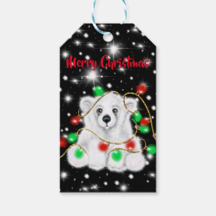 Étiquettes-cadeau Belle bébé polaire ours de noël lumières étoile nu