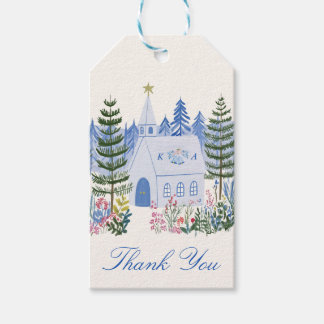 Étiquettes-cadeau Belle Chapelle de Mariage à Monogramme Bleu