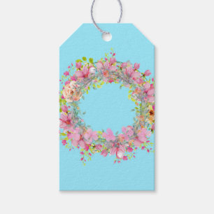Étiquettes-cadeau Belle couronne fleurie Fleurs roses sur Aqua Cadea