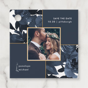 Étiquettes Cadeau Belle photo Florale Bleue Enregistrer la date