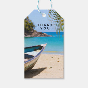 Étiquettes-cadeau Belle plage tropicale avec un Merci en bateau à mo