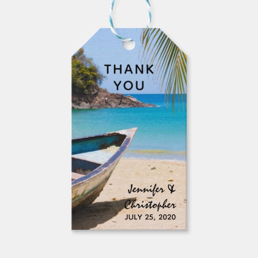 Étiquettes-cadeau Belle plage tropicale avec un Merci en bateau à mo (Devant)