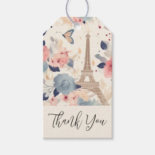 Étiquettes-cadeau Belles Fleurs et Tour Eiffel Paris Merci (Devant)