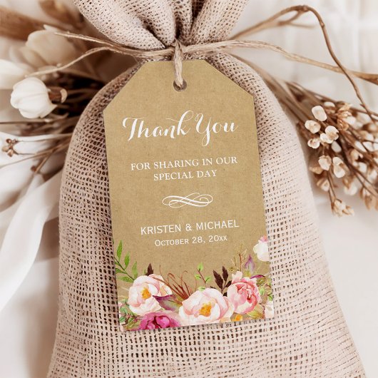 Étiquettes-cadeau Belles fleurs rustiques Kraft | MERCI MARIAGE