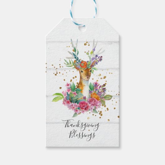 Étiquettes-cadeau Bénédiction de Thanksgiving Floral Deer (Devant)