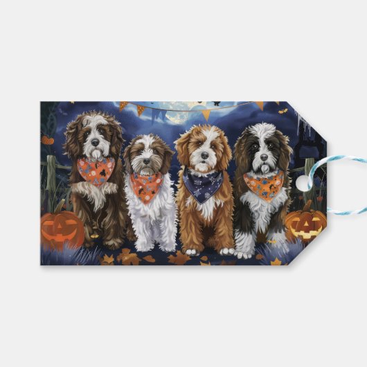 Étiquettes-cadeau Bernedoodle Halloween Éffrayant (Devant (Horizontal))