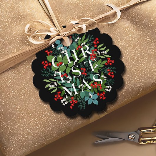 Étiquettes Cadeau Berries vertes NOËL Typographie Noir