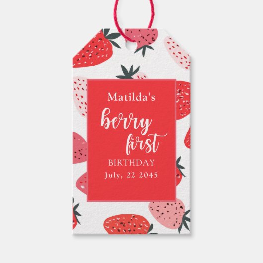 Étiquettes-cadeau Berry First Strawberry fête d'anniversaire Rouge r (Devant)