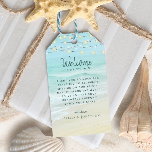 Étiquettes-cadeau Bienvenue au Mariage Ocean Beach String Lights