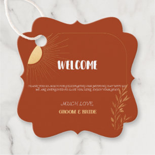 Étiquettes Cadeau Bienvenue au mariage soleil Boho terre cuite
