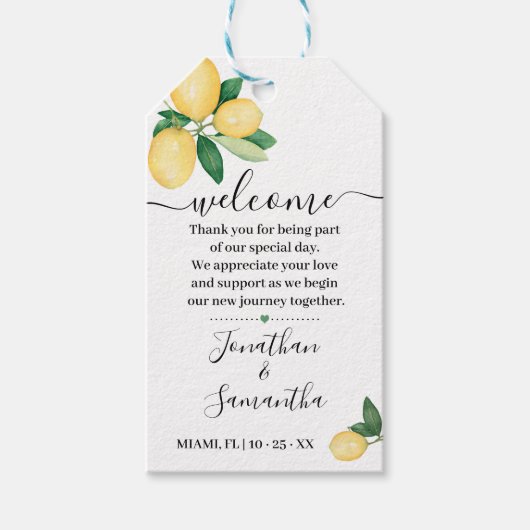 Étiquettes-cadeau Bienvenue Favoris de mariage aux citrons (Devant)