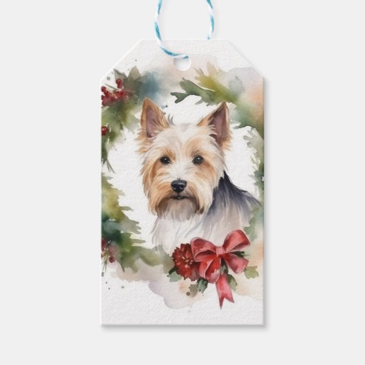 Étiquettes-cadeau Biewer Terrier Noël Wreath Festive Pup (Devant)