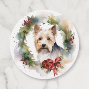 Étiquettes Cadeau Biewer Terrier Noël Wreath Festive Pup