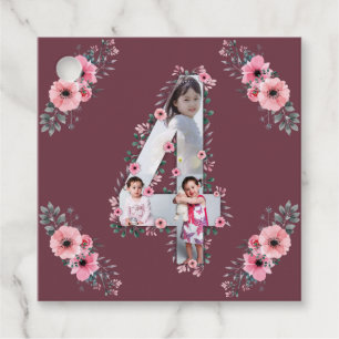 Étiquettes Cadeau Big 4th Birthday Girl Photo Collage Fleur rose