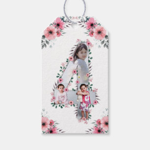 Étiquettes-cadeau Big 4th Birthday Girl Photo Collage Fleur rose