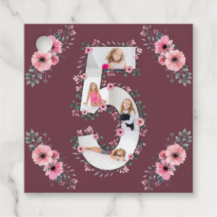 Étiquettes Cadeau Big 5th Birthday Girl Photo Collage Fleur rose
