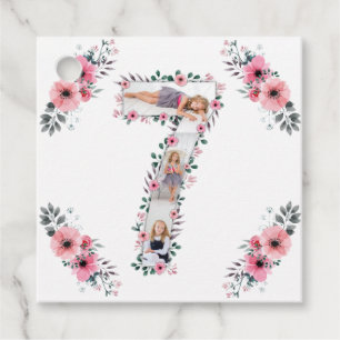 Étiquettes Cadeau Big 7th Birthday Girl Photo Collage Fleur rose