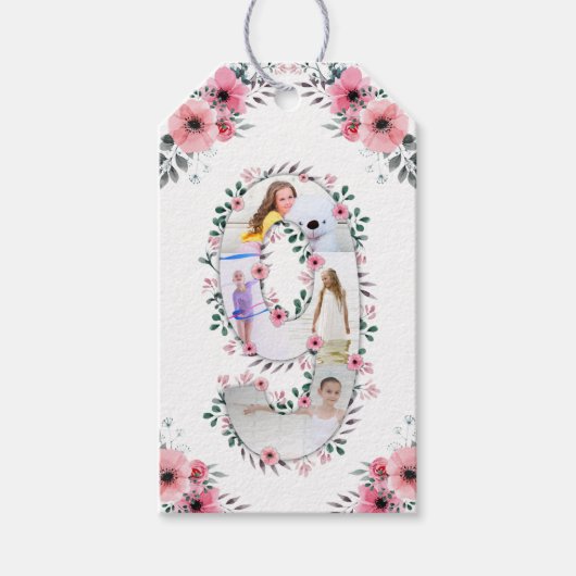 Étiquettes-cadeau Big 9th Birthday Girl Photo Collage Fleur rose (Devant)
