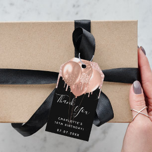 Étiquettes-cadeau Birthday noir rose or parties scintillant ballon m