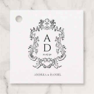Étiquettes Cadeau Black and White Floral Wedding Monogram 