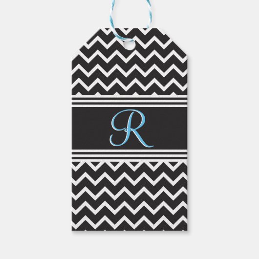 Étiquettes-cadeau Black | Blanc Chevron gothique Zigzag Monogramme (Devant)