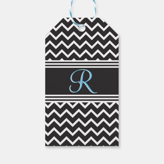 Étiquettes-cadeau Black | Blanc Chevron gothique Zigzag Monogramme (Dos)