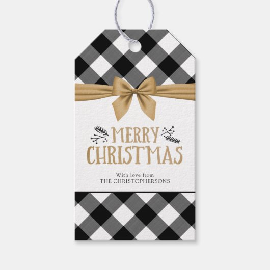 Étiquettes-cadeau Black Buffalo Plaid MERRY CHRISTMAS Gold Bow (Devant)