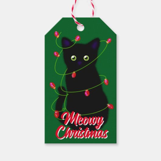 Étiquettes-cadeau Black cat Meowy Noël scintillants (Devant)