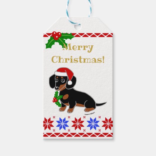 Étiquettes-cadeau Black et Tan Dachshund Père Noël (Devant)