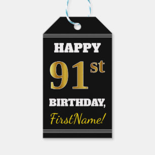 Étiquettes-cadeau Black, Faux Gold 91st Birthday + Nom personnalisé