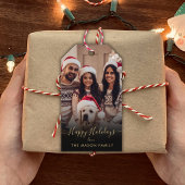 Étiquettes-cadeau Black Gold Joyeux Vacances Script Famille Photo