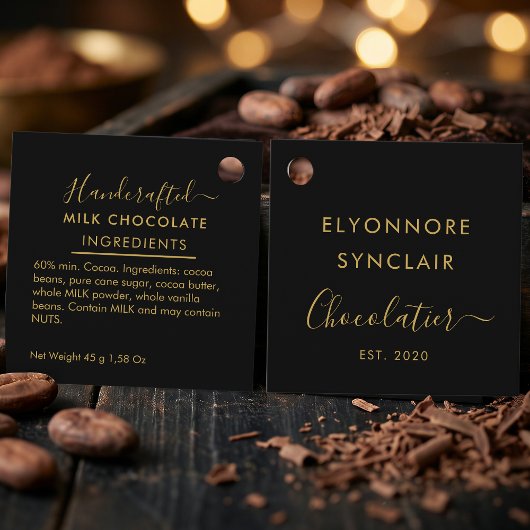 Étiquettes Cadeau Black Gold Script Milk Chocolate Ingredients