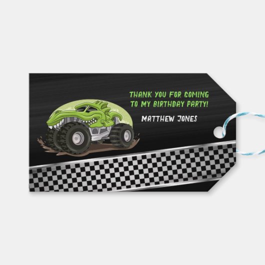 Étiquettes-cadeau Black Green Gator Monster Truck fête d'anniversair (Devant (Horizontal))