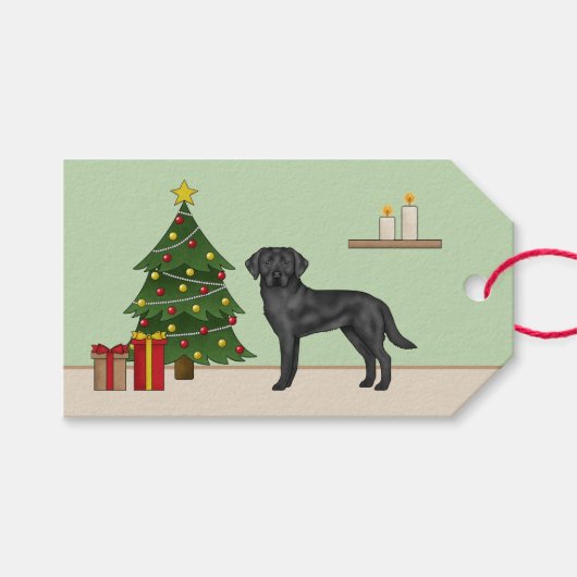 Étiquettes-cadeau Black Labrador Retriever Chien avec arbre de Noël (Devant (Horizontal))