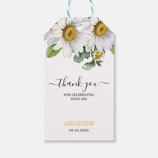Étiquettes-cadeau Blanc Daisy Floral Verdure Script Anniversaire (Devant)