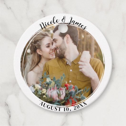 Étiquettes Cadeau Blanc minimal tendance ronde photo mariage Faveur (Devant)