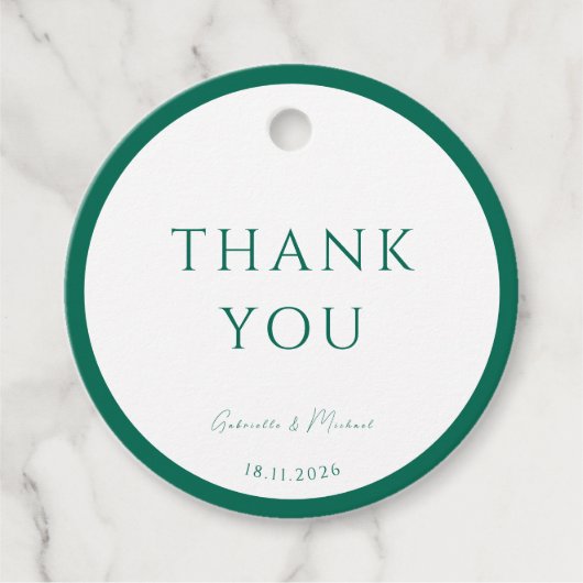 Étiquettes Cadeau Blanc rond et Merci vert émeraude (Devant)