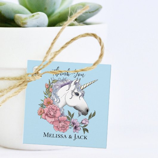Étiquettes Cadeau Blanc Unicorne rose Fleurs Bleu