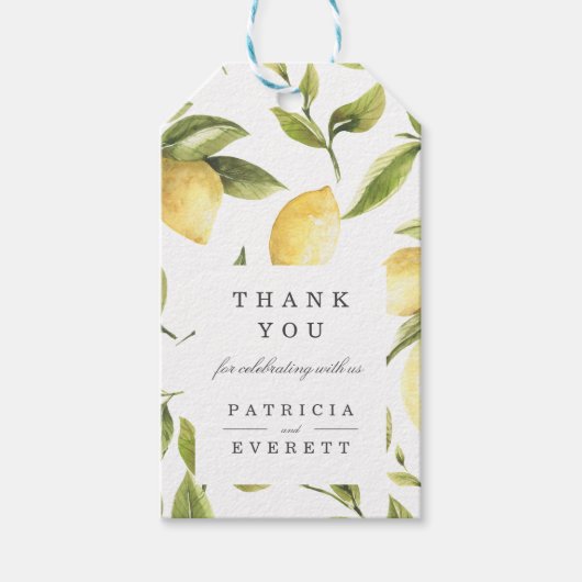 Étiquettes-cadeau BLANCHE | Citrons et feuilles verts mariages merci (Devant)